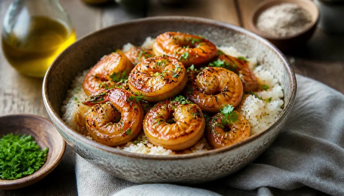 A vibrant and healthy serving of homemade Teriyaki Shrimp Rice Bowls topped with fresh green onions and sesame seeds in a ceramic bowl.