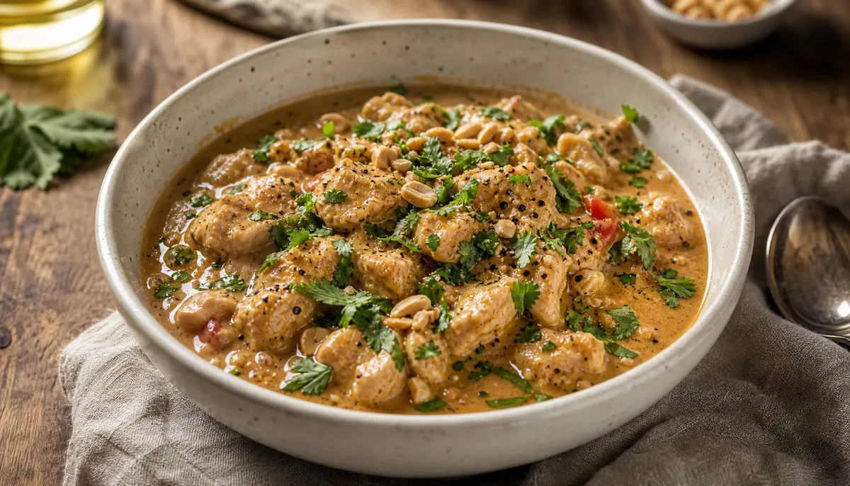 A delicious serving of Thai Peanut Chicken: Simple Dinner Recipes Stir Fry With Great Peanut Sauce garnished with fresh cilantro and crushed peanuts in a ceramic bowl.