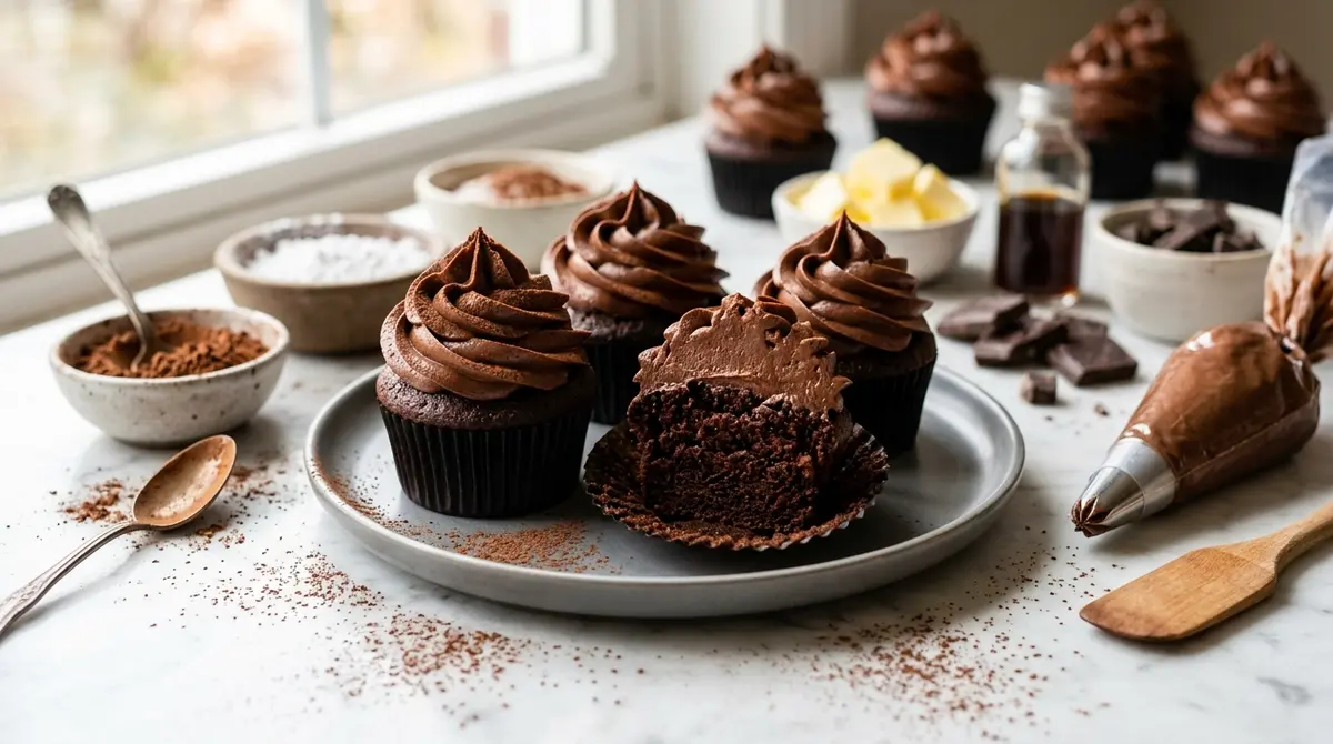 A swirl of creamy frosting sits atop a decadent cupcake to showcase The Best Chocolate Buttercream Recipe for your next baking project.