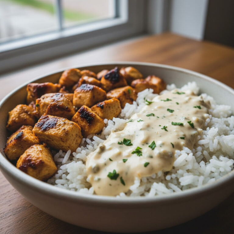 A freshly prepared garlic chicken rice bowl topped with fresh herbs and served in a ceramic dish as a delicious and easy healthy meal.