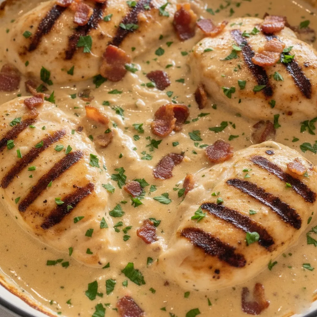 A gourmet serving of creamy Marry Me Chicken featuring tender golden pan-seared chicken breasts smothered in a rich sun-dried tomato and parmesan cream sauce garnished with fresh basil.