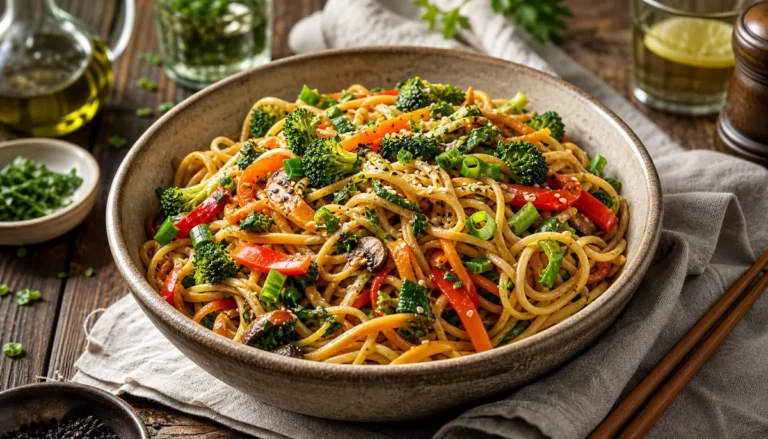 A steaming bowl of colorful Veggie Lo Mein (Under 30 Minutes) tossed with crisp vegetables and savory noodles for a quick and easy weeknight dinner.