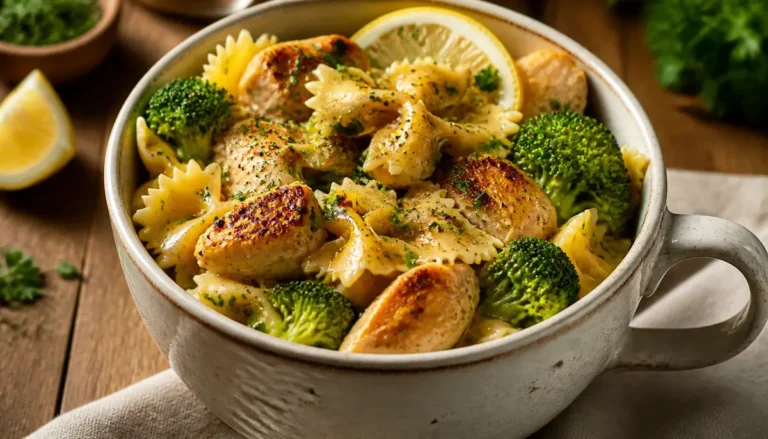 A gourmet plate featuring the Zesty Cowboy Butter Lemon Bowtie Chicken & Broccoli Delight! served as a vibrant and flavorful main course meal.