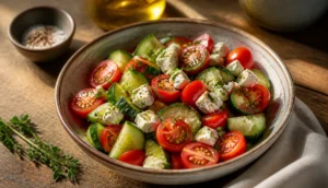 A fresh and vibrant bowl of cucumber tomato feta salad in 15 minutes served in a white ceramic dish as a healthy quick side dish.