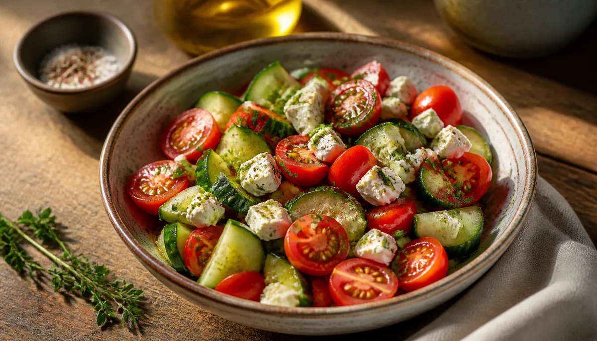 15-Minute Cucumber Tomato Feta Salad Recipe A fresh and vibrant bowl of cucumber tomato feta salad in 15 minutes served in a white ceramic dish as a healthy quick side dish.