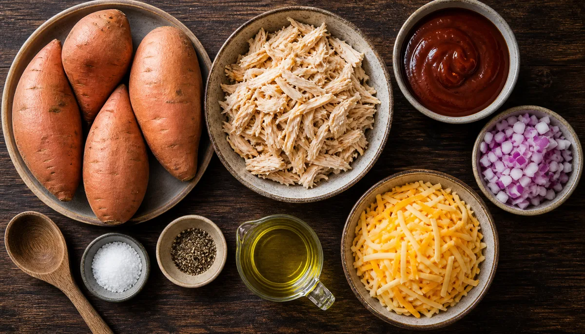 An overhead flatlay of fresh raw ingredients in small bowls prepared for making a delicious BBQ CHICKEN STUFFED SWEET POTATOES FAMILY DINNER.