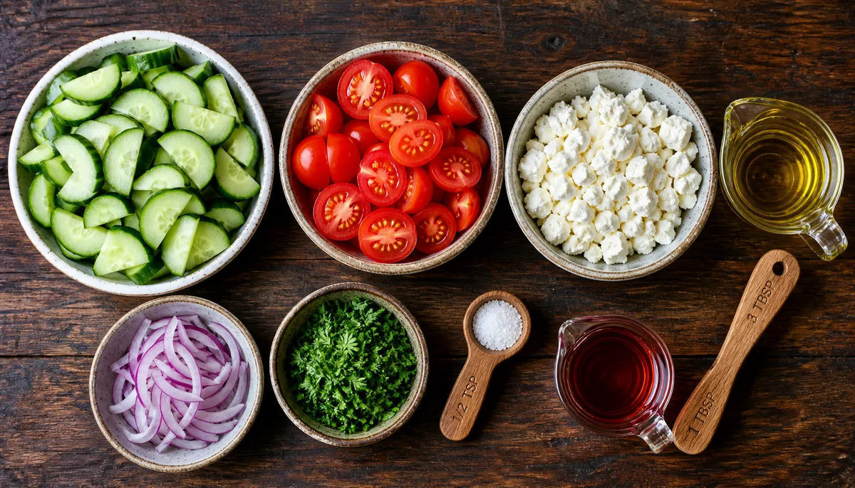 Quick 15-Minute Cucumber Tomato Feta Salad Ingredients Fresh raw ingredients for a cucumber tomato feta salad in 15 minutes arranged in a beautiful flatlay with bowls of diced vegetables and crumbly cheese on a wooden surface.