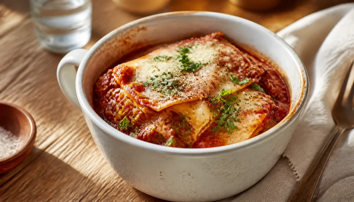 A delicious slice of homemade 30 MINUTE EASY LASAGNA RECIPE topped with melted mozzarella cheese and fresh basil sits on a white plate ready to serve.