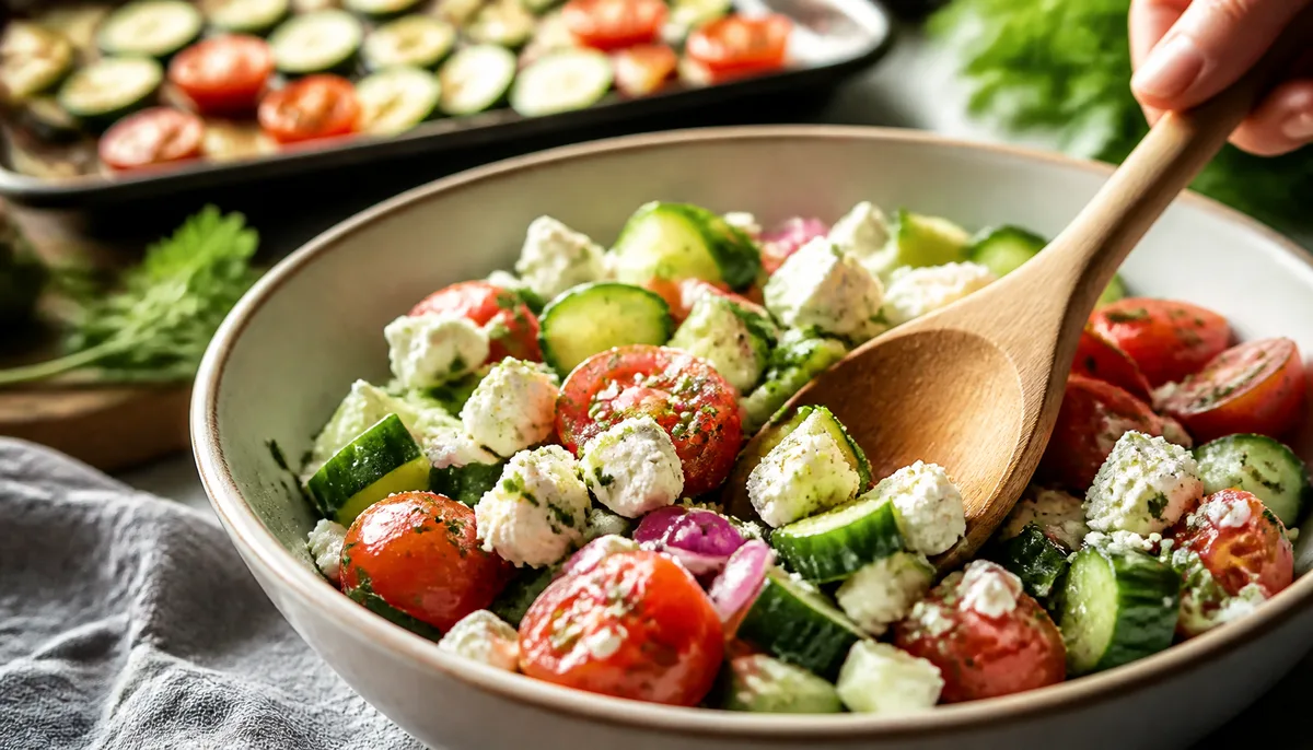 Quick 15-Minute Cucumber Tomato Feta Salad Recipe A person slices fresh vegetables in a bright kitchen to prepare a healthy cucumber tomato feta salad in 15 minutes for a quick and easy meal.